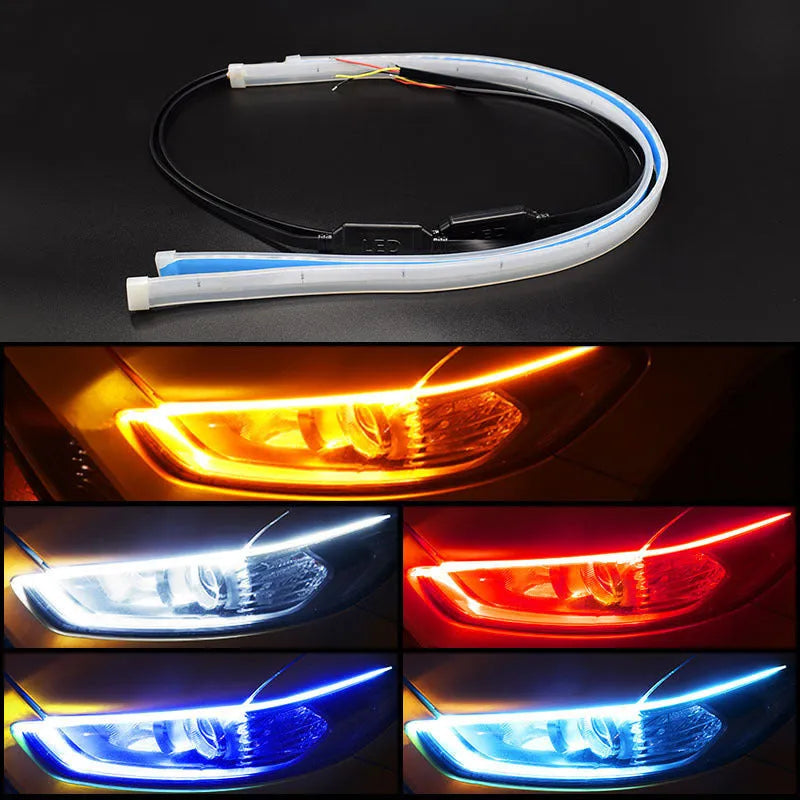 Flexible silicone car LED light strip showing daytime running light and flowing turn signal function in blue to yellow.