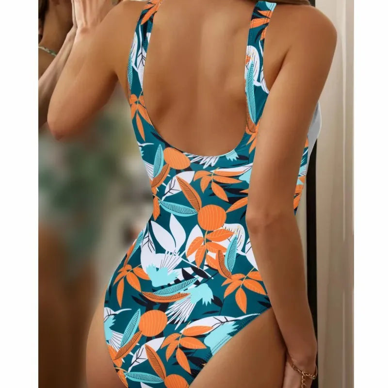 Women's high waist one-piece bikini with printed pattern in polyester and nylon swimwear fabric