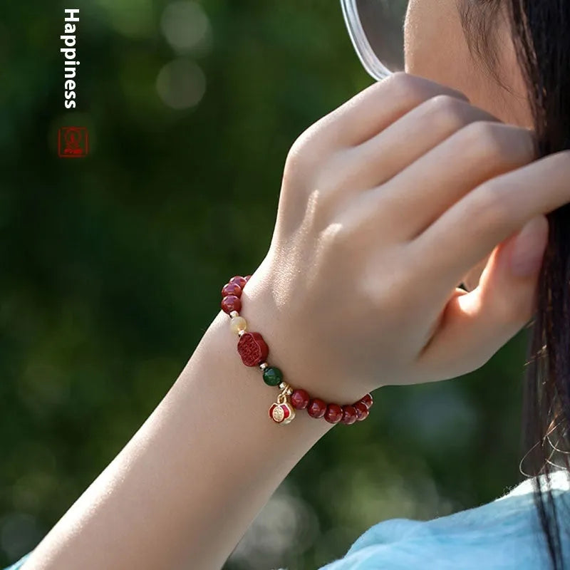 Cinnabar fu character bracelet with emperor sandstone beads in new Chinese style jewellery