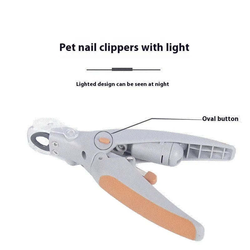 Dog nail clipper with LED light and imitation blood line guide, made from white ABS plastic