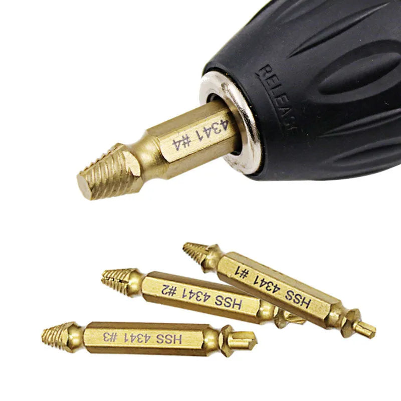 5-piece screw extractor set with 4341 high-speed steel construction for removing damaged fasteners