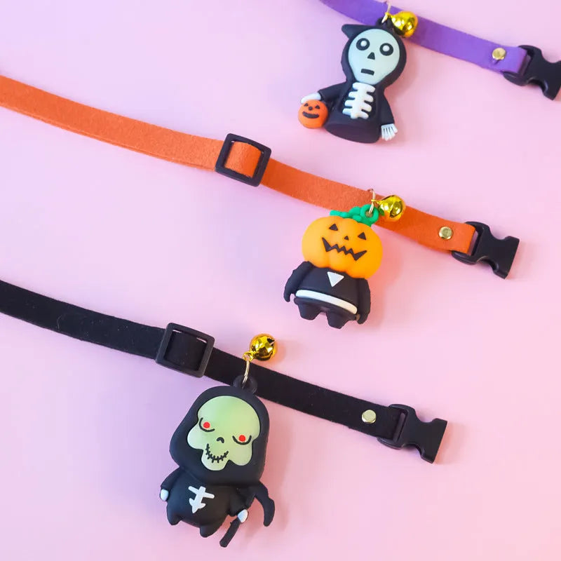 Halloween pet collar with luminous pumpkin man design on adjustable polyester band