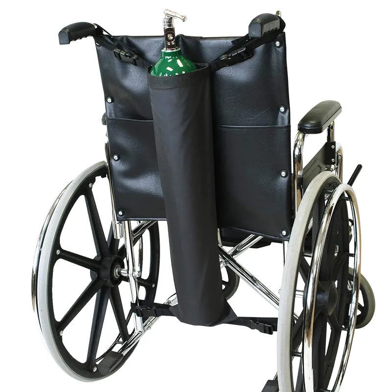 Black cylindrical wheelchair pannier bag for oxygen cylinder storage made from 600D Oxford cloth.