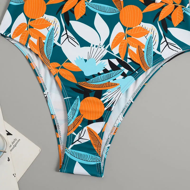 Women's high waist one-piece bikini with printed pattern in polyester and nylon swimwear fabric