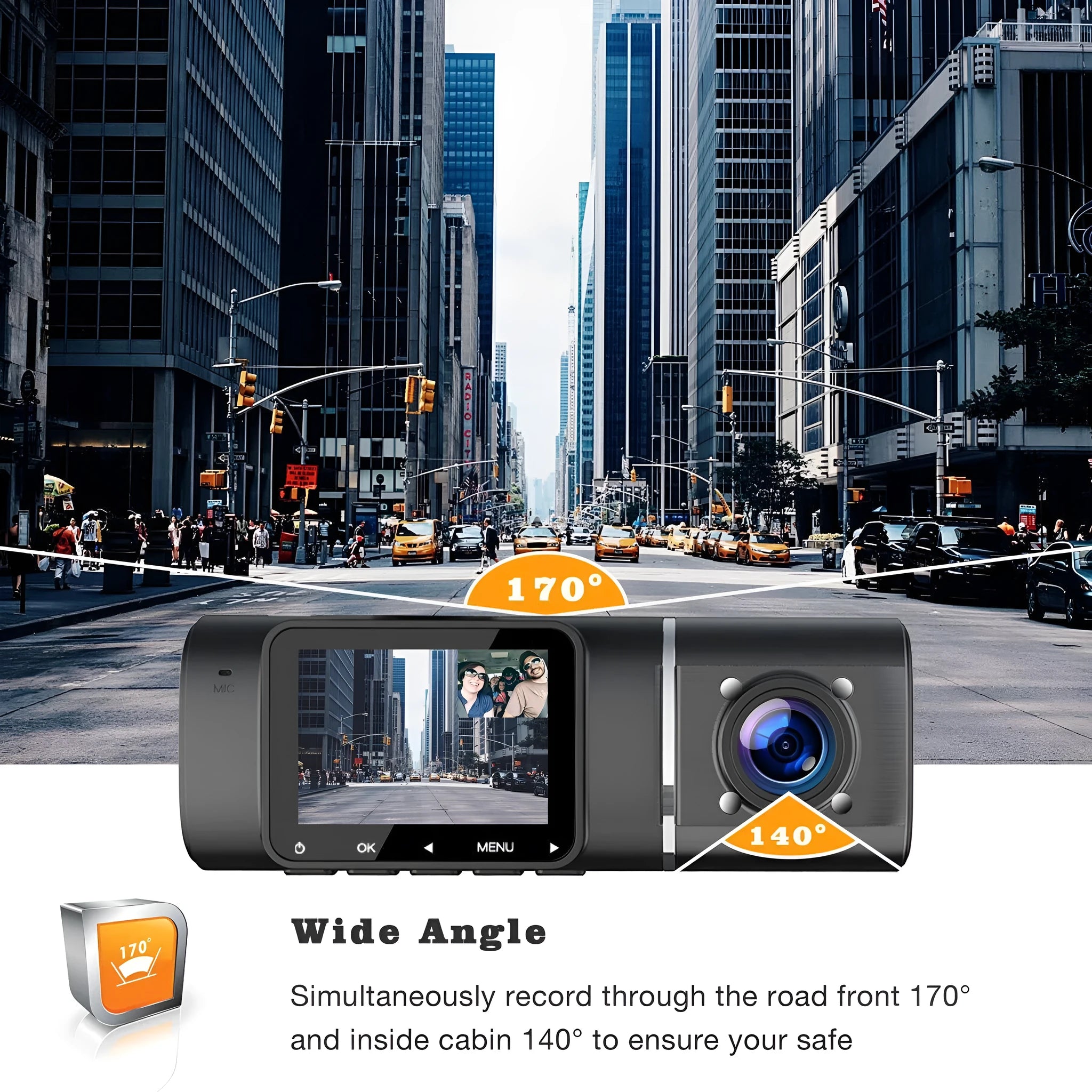 Standard black 1080p car dashcam with 1.5-inch screen for front and rear vehicle recording