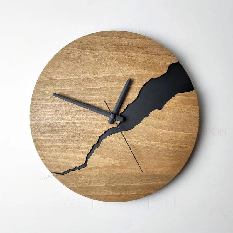 Modern wooden wall clock with crack-effect design on circular 30cm face