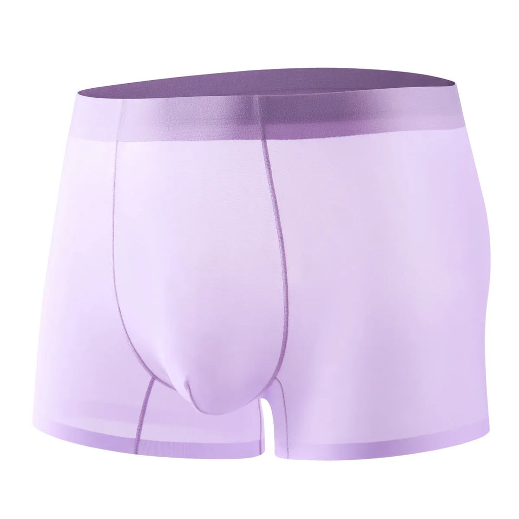 Ultra-thin ice silk seamless men's boxer briefs in black, shown flat to highlight traceless design.
