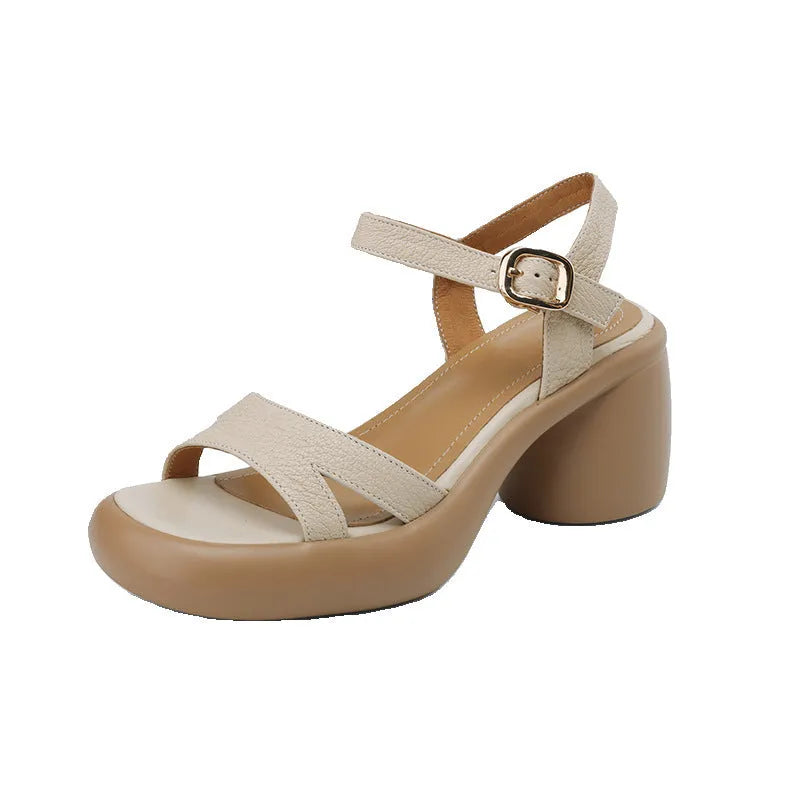 Women's open toe platform sandals in apricot colour with round head toe holder