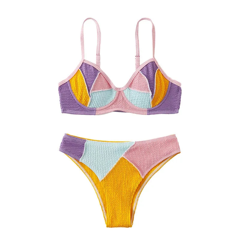 Ladies splicing colour bikini set with push-up top featuring internal steel bracket support and matching shorts.
