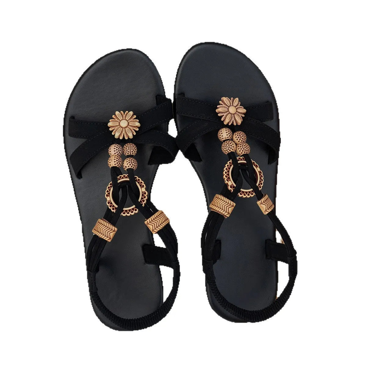 Black ethnic style flat women's sandals with beaded weave, rhinestone decorations, and an elastic band.