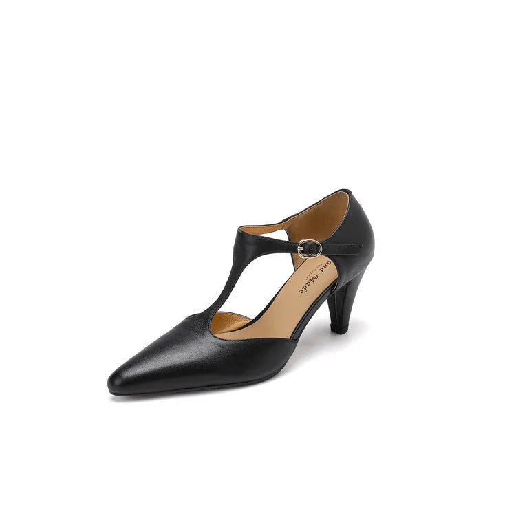 Brown women's retro T-strap ankle sandals with a short stout heel and buckle fastening.