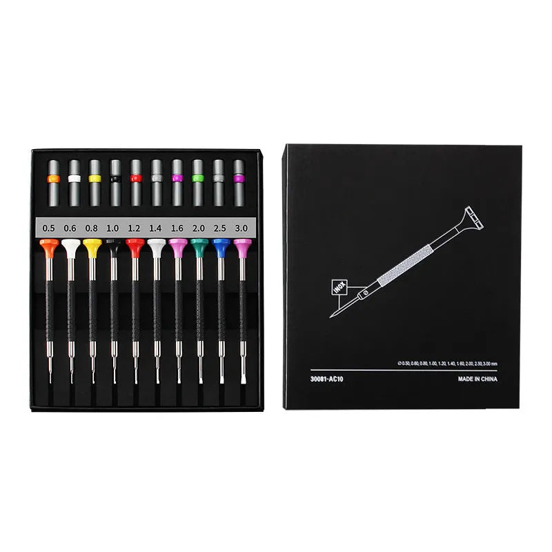 10-piece watch and glasses repair screwdriver set with cross and straight manual screwdrivers and 20 spare drill bits