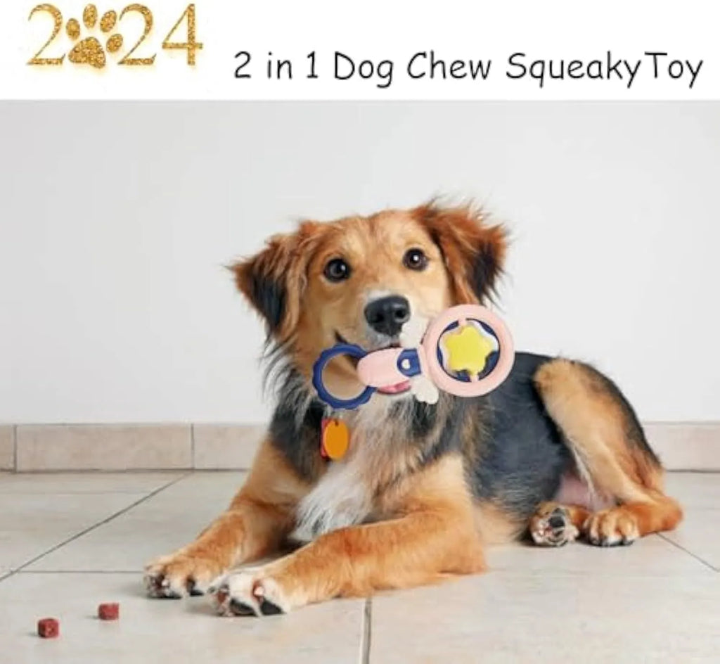 Pink interactive dog chew toy set with squeaky, dental and large breed toys on white background.