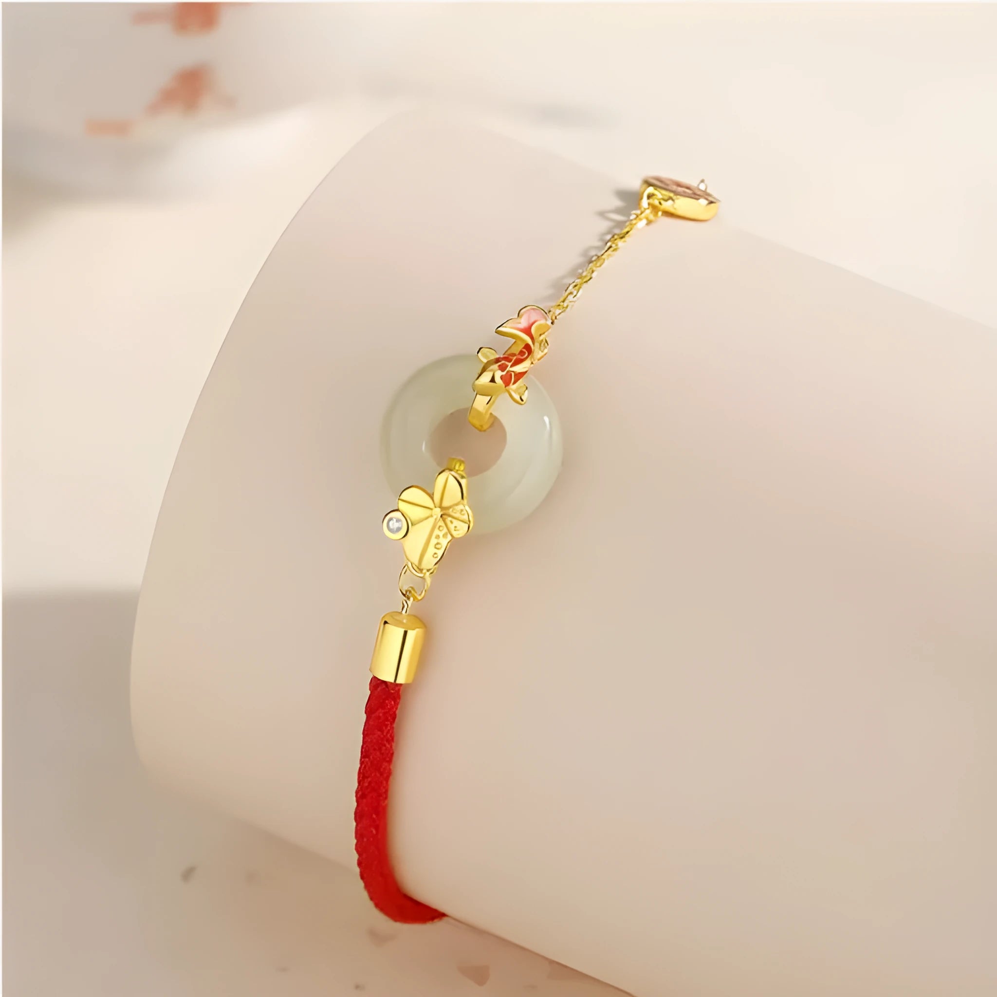 Women's gold electroplated 925 silver bracelet with red rope, koi and peace bucket charms, zodiac animal design