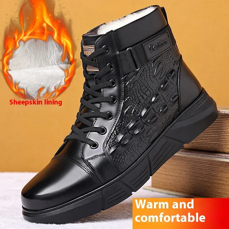 Genuine leather lace-up winter boots with fur lining in black or brown velvet style