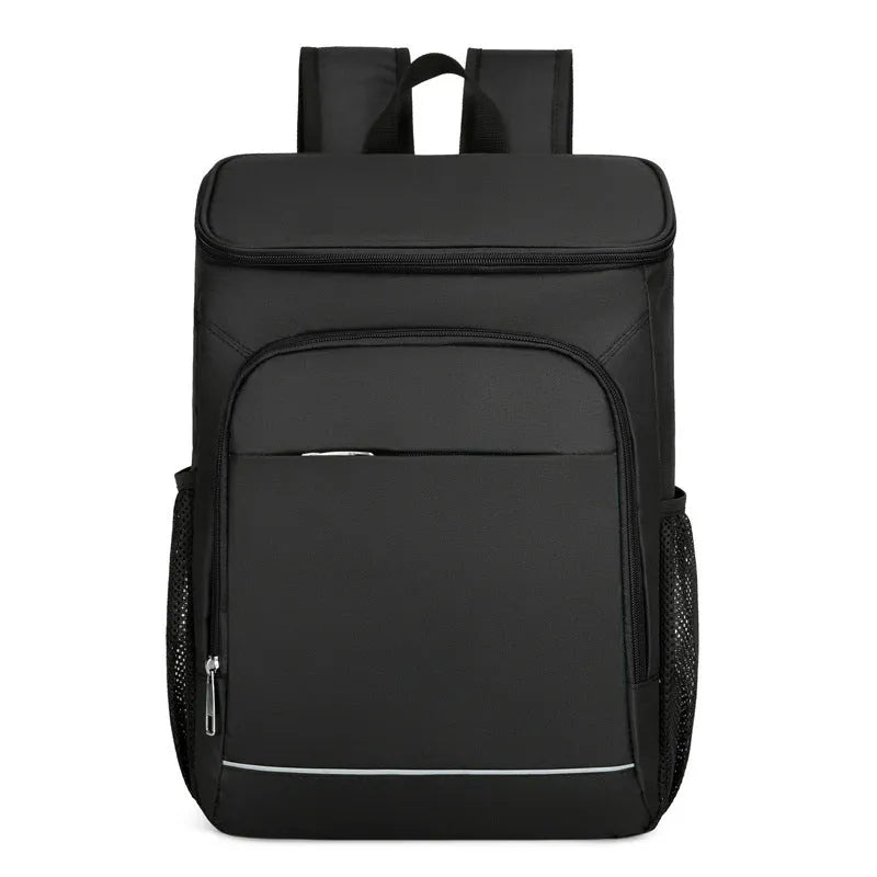 Outdoor thermal picnic backpack with curved shoulder straps in Oxford cloth construction.