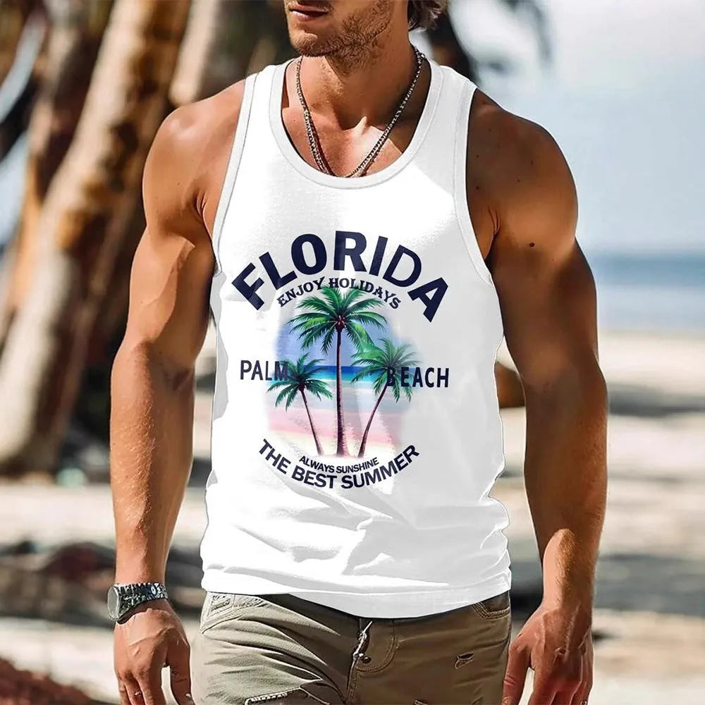 Men's solid colour sleeveless vest featuring a Hawaiian-inspired 3D printed design