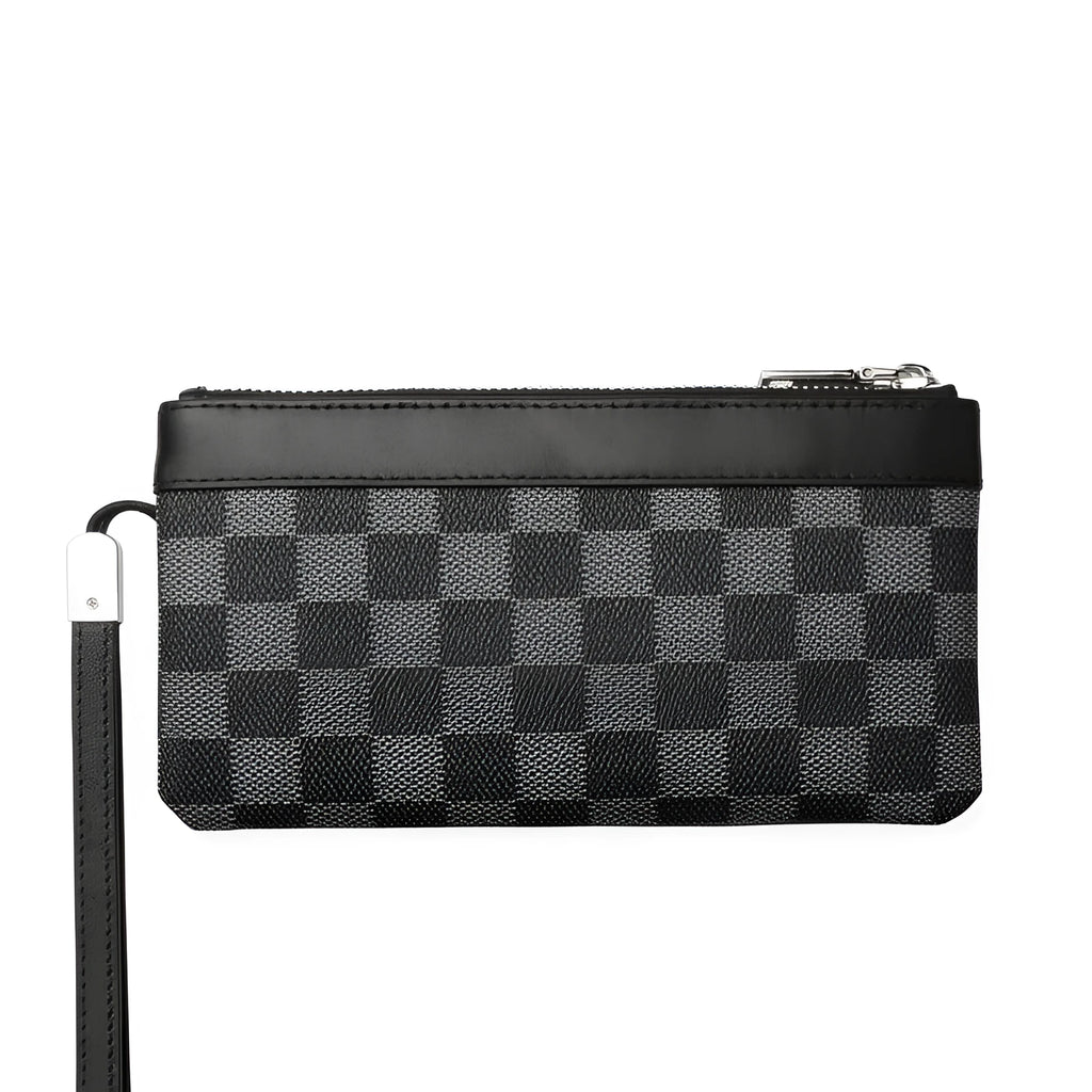 Black men's leather plaid clutch wallet showing genuine cowhide texture and 20x10cm dimensions