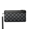 Black men's leather plaid clutch wallet showing genuine cowhide texture and 20x10cm dimensions