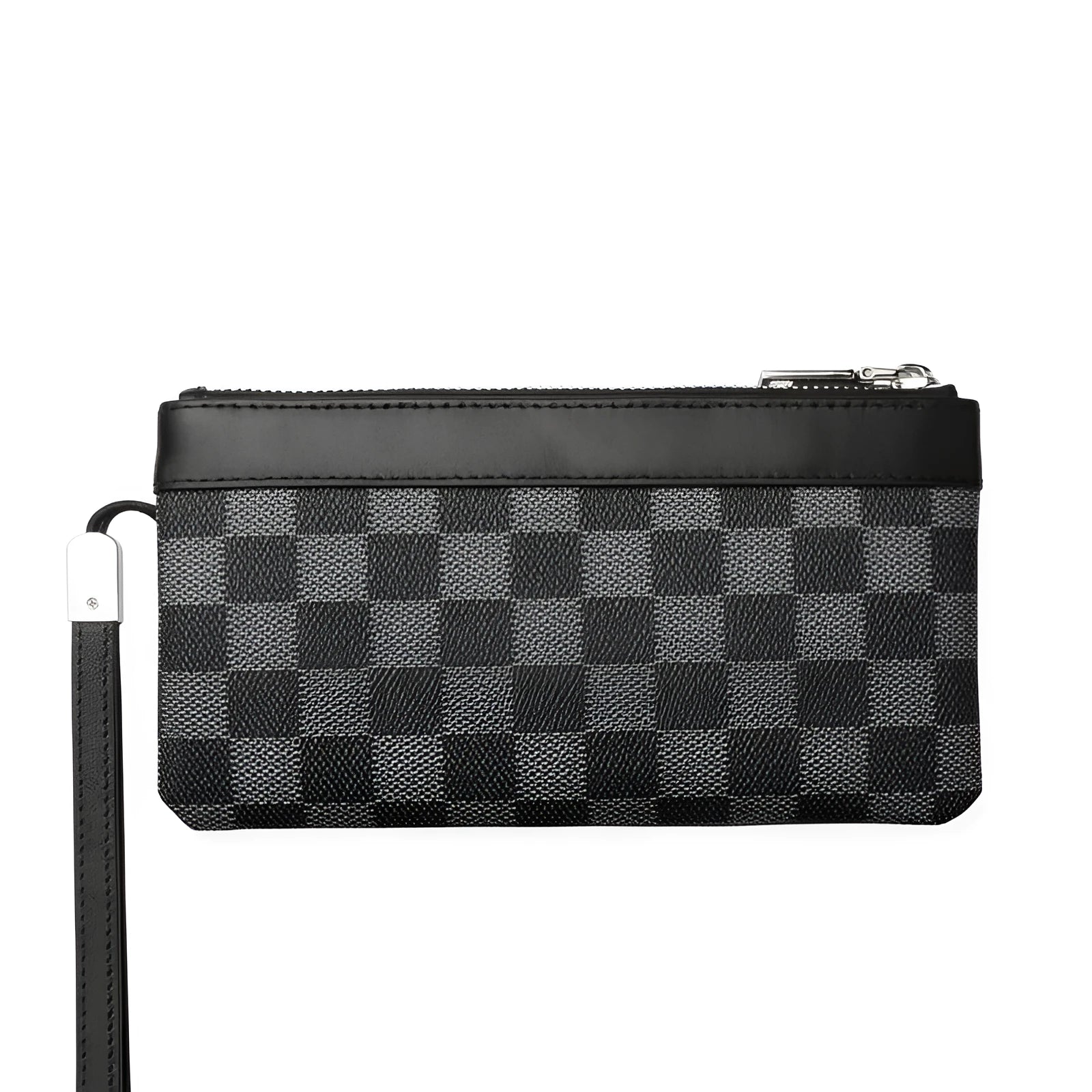 Black men's leather plaid clutch wallet showing genuine cowhide texture and 20x10cm dimensions