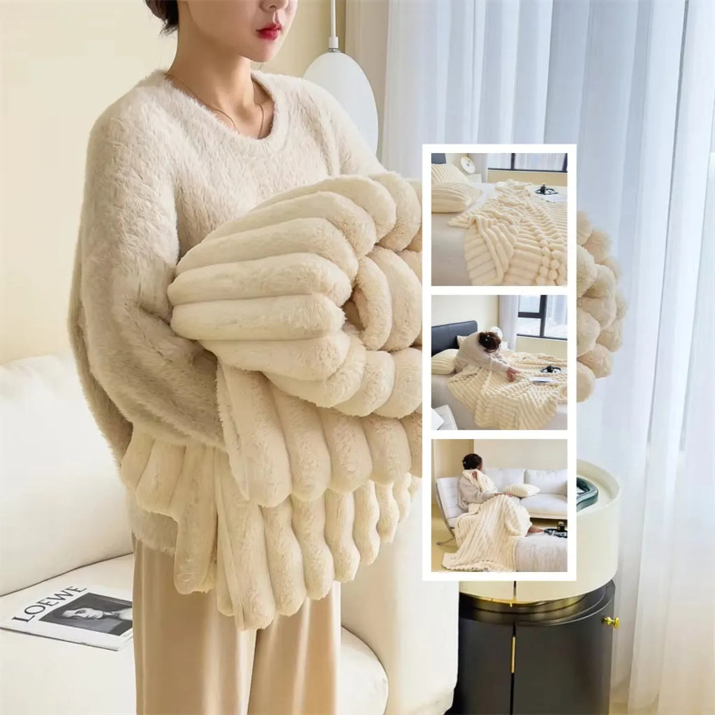 Soft Wind bubble faux rabbit fur blanket in caramel colour showing double-sided thickening texture