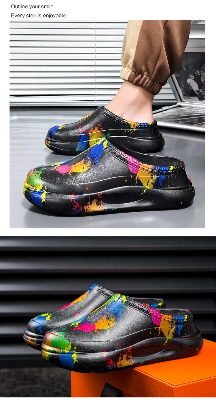 Men's black platform pump chef shoes with EVA upper and textured Goodyear soles for kitchen workshop use