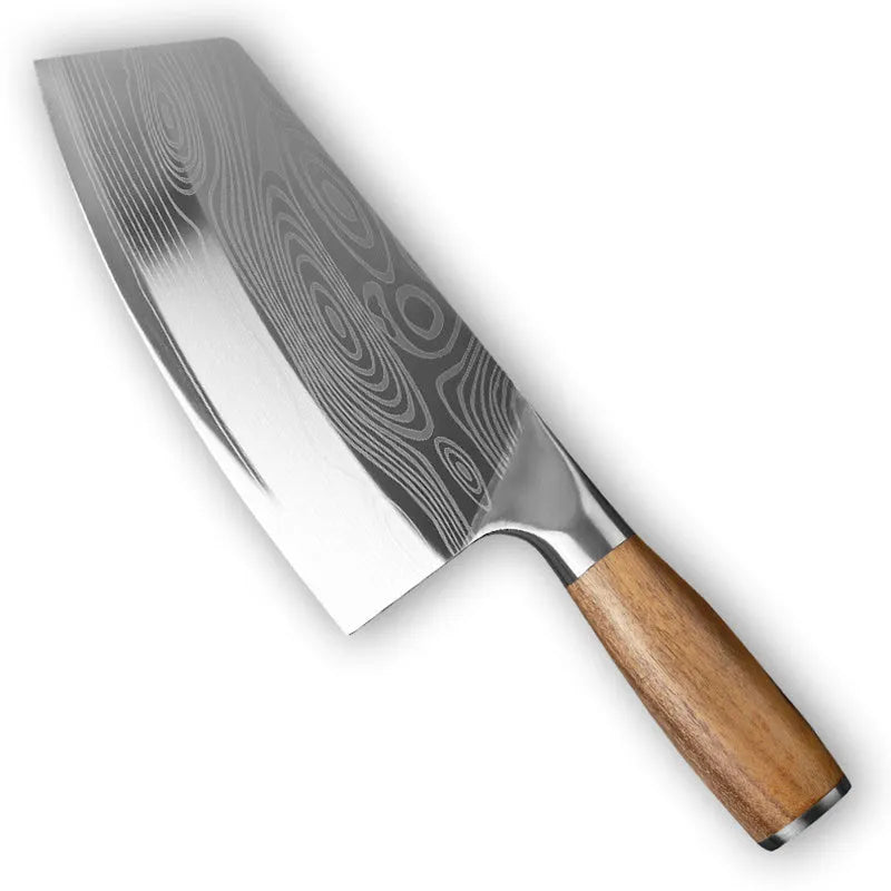 Stainless steel kitchen knife with 320mm blade on a kitchen counter
