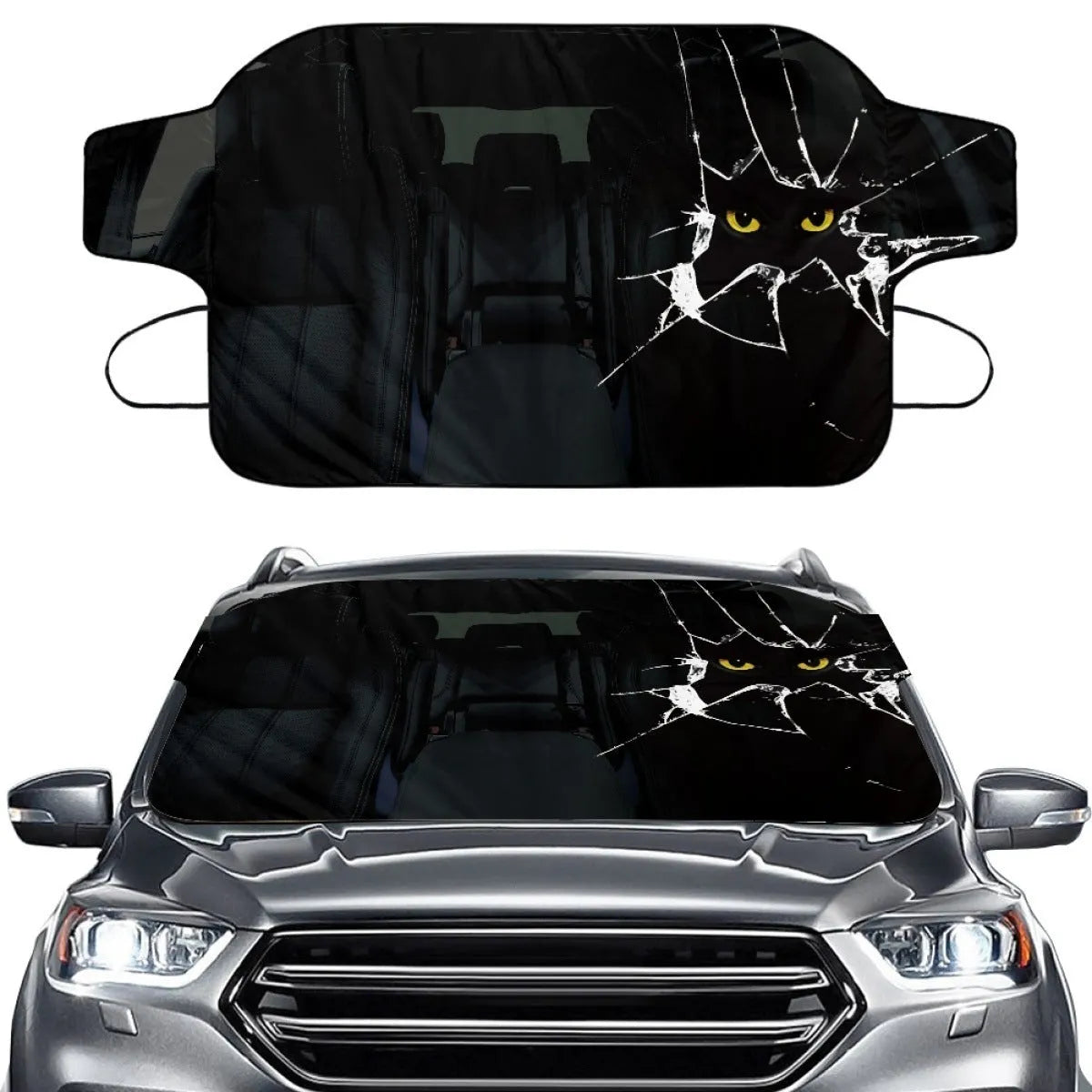 Car front snow protection cover made of silver aluminium foil polyester fabric.