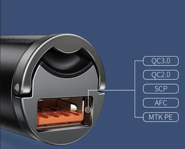Baseus electro-optical grey 30W car charger with 1 metre cable and USB connector