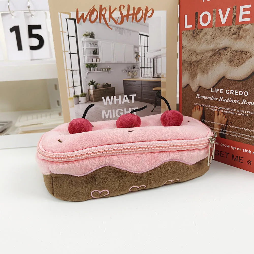 Cherry Cake coloured velvet pencil bag with Korean style design for pen storage