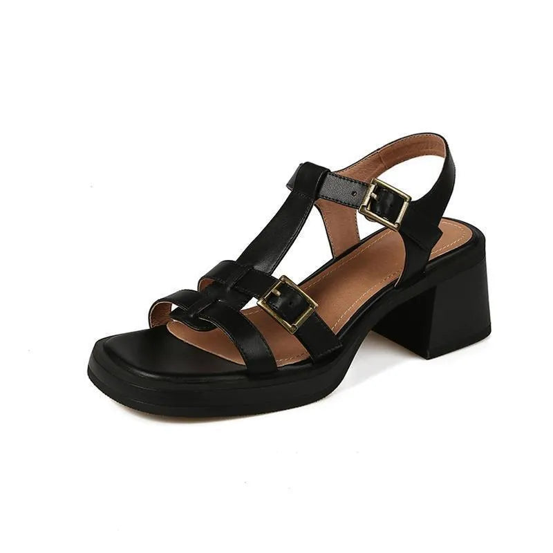 Women's black retro sandals with T-buckle fastening and chunky platform heel