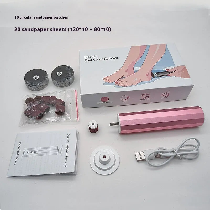 USB-powered electric callus remover foot file with sanding discs in pink, black, or purple.