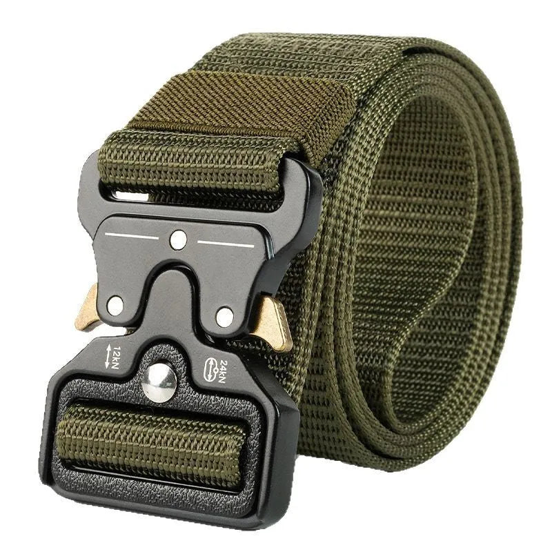 Men's thick canvas tactical belt with alloy buckle in 120cm length on colour background