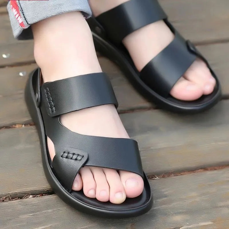 Men's waterproof plastic sandals in black and brown colours, showing casual beach footwear design