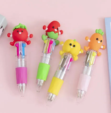 Cartoon four-colour press ballpoint pen with 0.7mm tip showing cactus, fast food, or seahorse design options