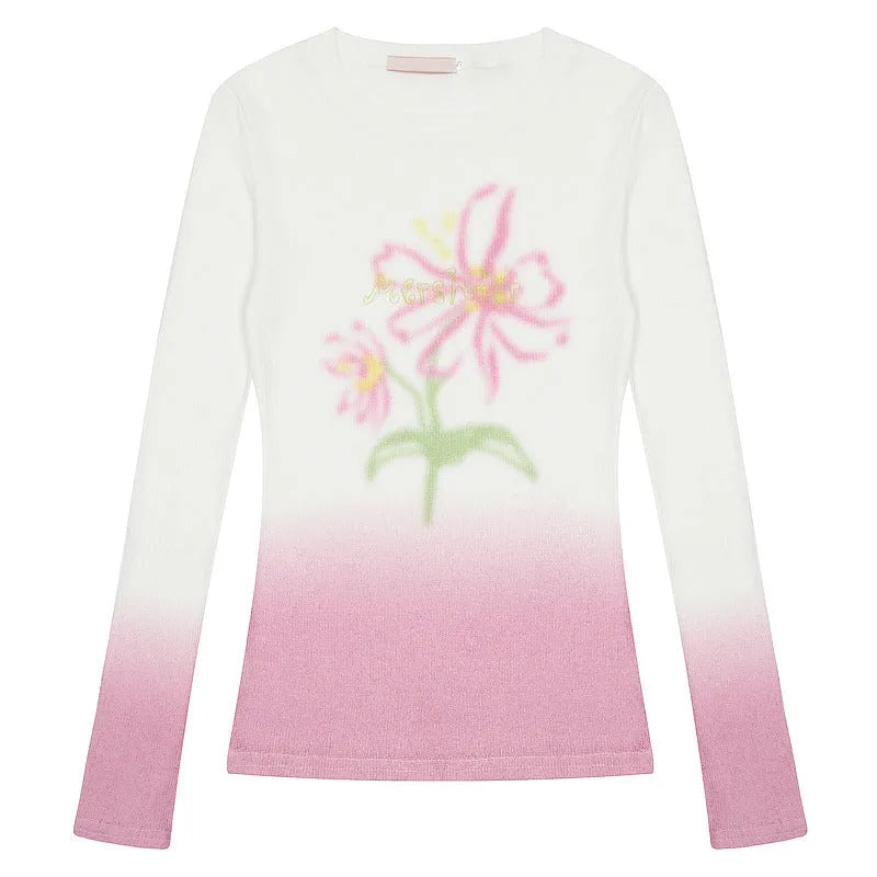 Women's gradient flower long-sleeved T-shirt in yellow green or light pink colour