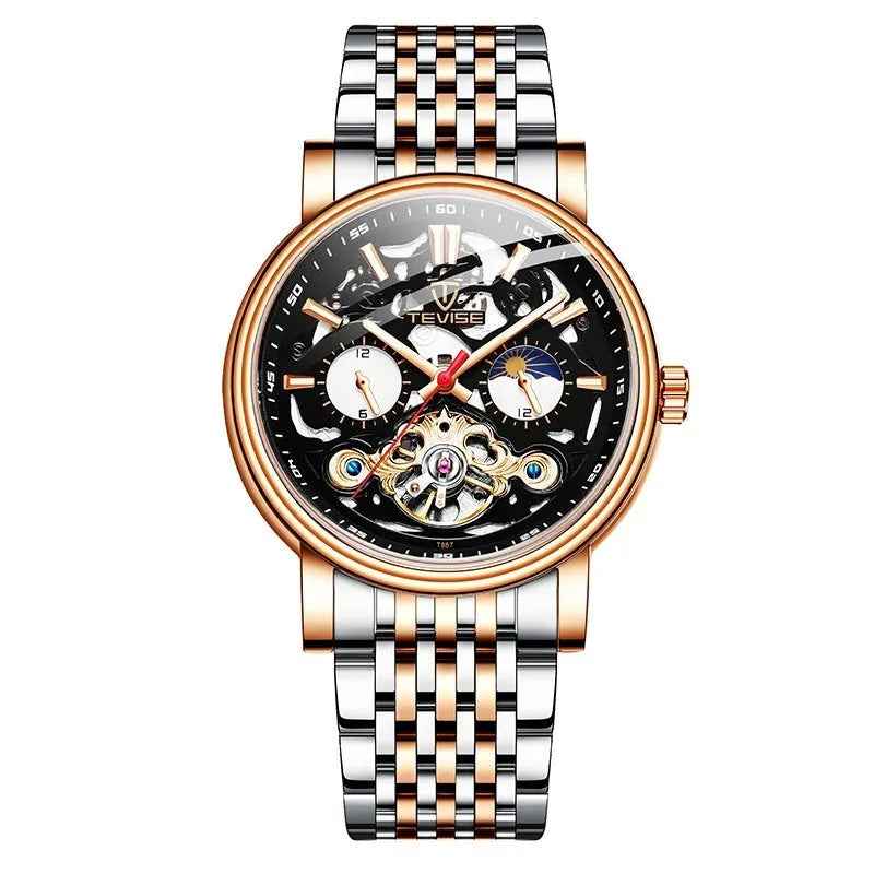 Men's tourbillon mechanical watch with waterproof case and luminous hands on black dial