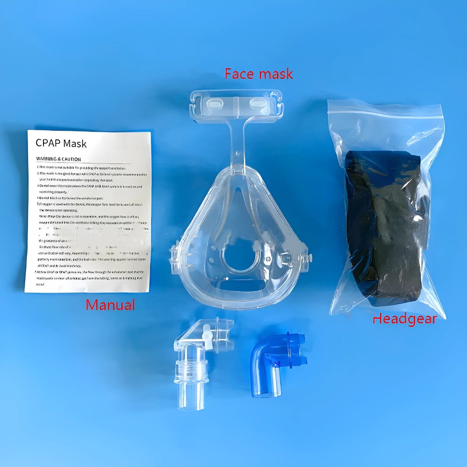 Transparent CPAP breathing mask with silicone construction and adapter elbows for ventilator connection