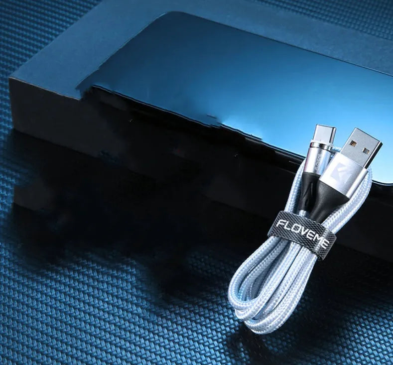 Black magnetic fast charge data cable with LED side lights and Type-C connector