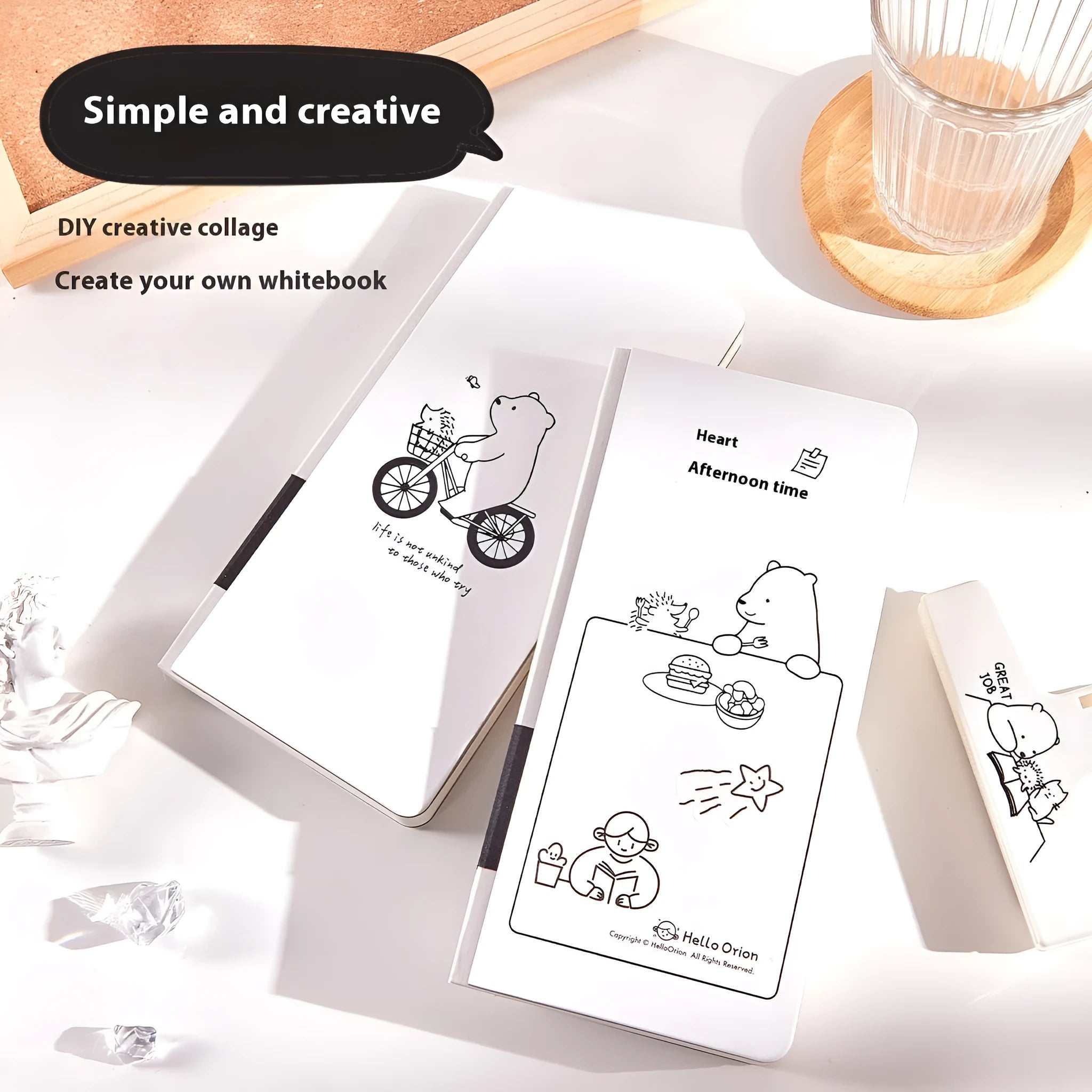 Small white paper notebook with simple plaid design, open to show blank pages.
