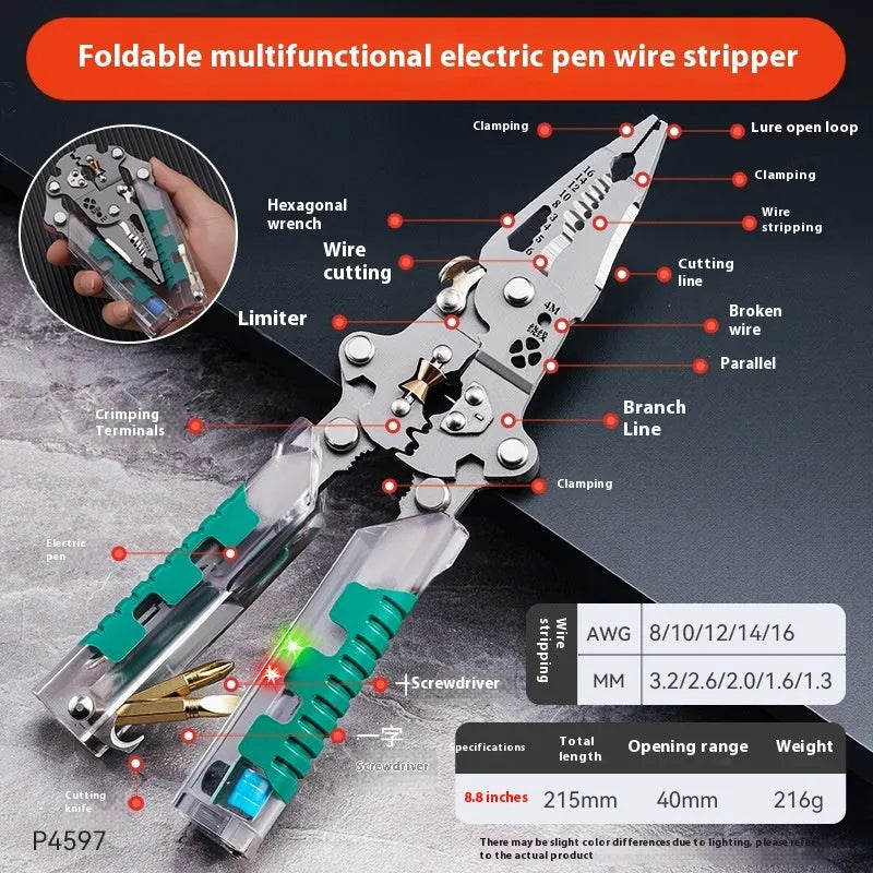 Pointed nose electrician's pliers and wire stripper tool with rust-resistant steel blades.