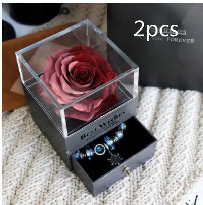 Preserved eternal rose and carnation gift box in glass display case for jewellery storage