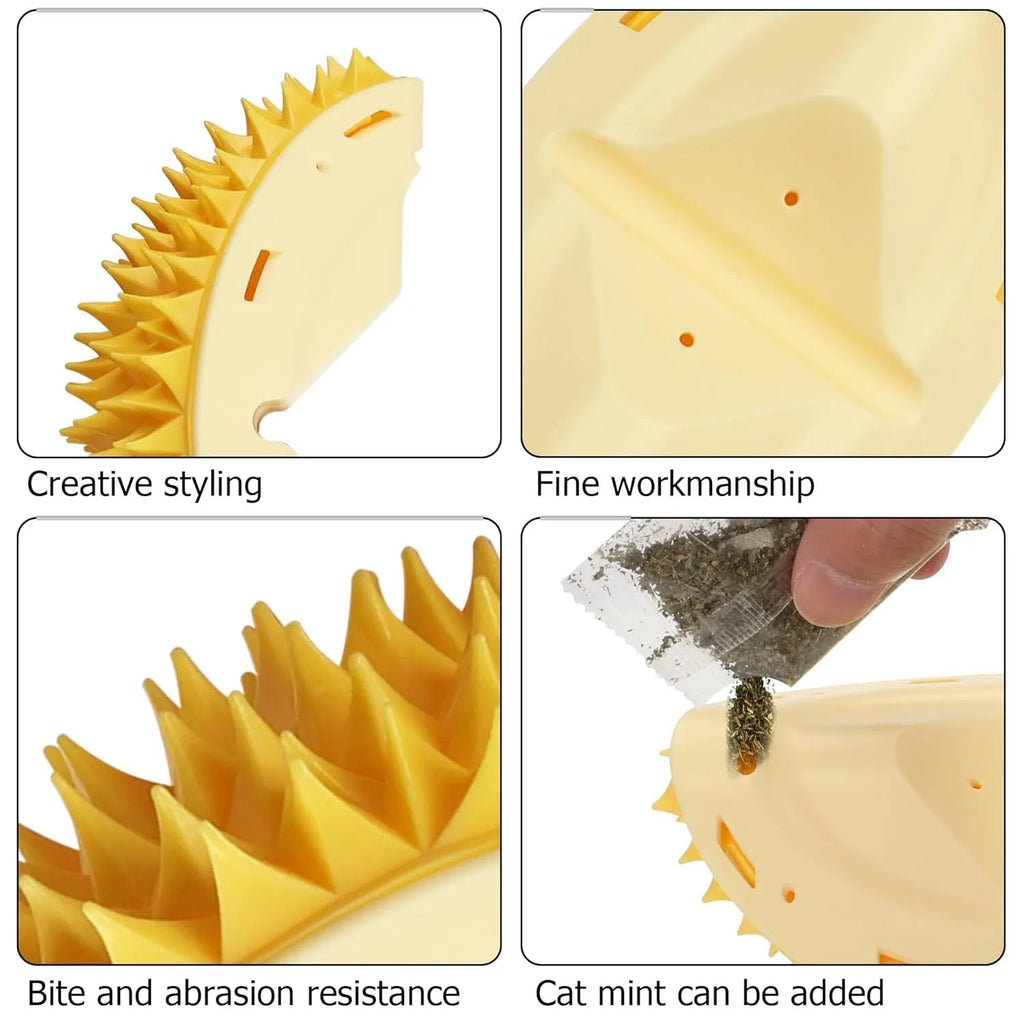 Yellow durian-shaped cat corner scratcher and grooming toy mounted on a wall.