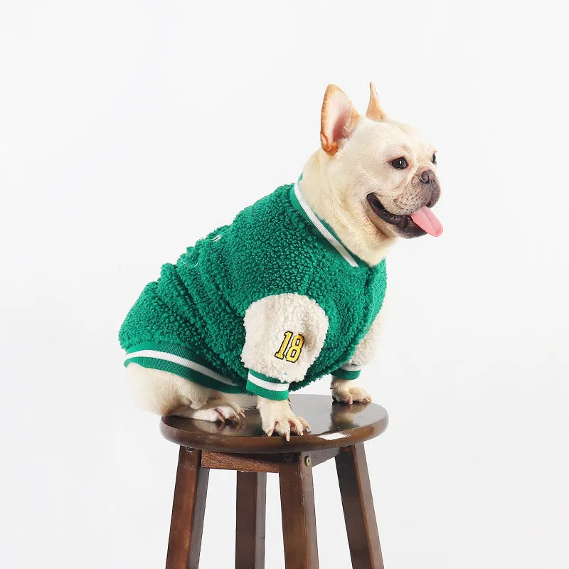 Green fleece-lined dog winter coat shown on a large dog, sizes include L, XL, XXL, 3XL, and 4XL.