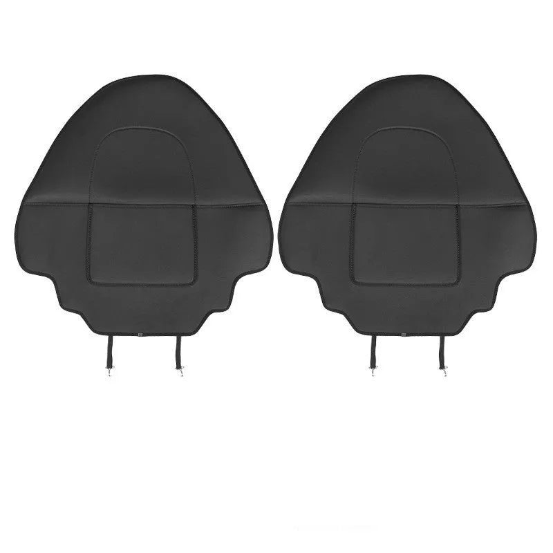 Black leather car rear seat anti-kick protection pad showing full coverage design.