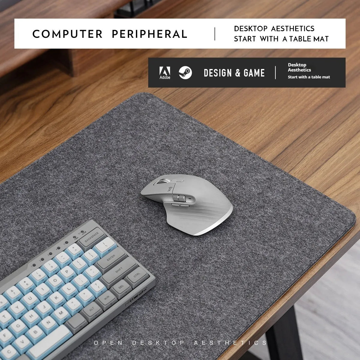 Japanese style simple desk mat with felt Cork construction in black gray pattern showing non-slip surface
