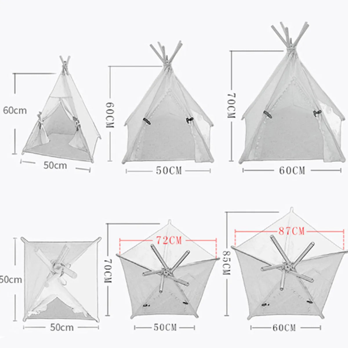Striped linen pet teepee tent bed for small dogs and cats with cushion inside