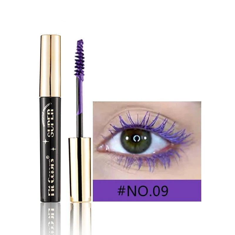 Colourful waterproof mascara tube displaying vibrant shades like wine red, gold, and mermaid green for stage and event makeup.