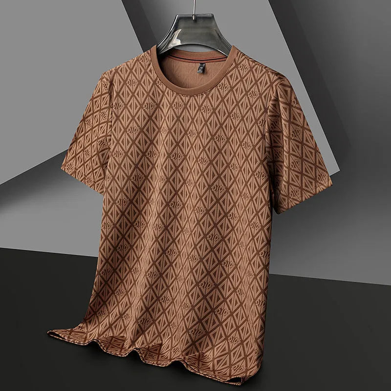 Men's loose fit ice silk polyester T-shirt in black, blue, dark green and caramel colours