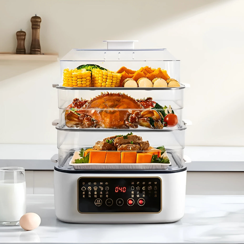 Electric household steamer with stainless steel rack and 800W power rating